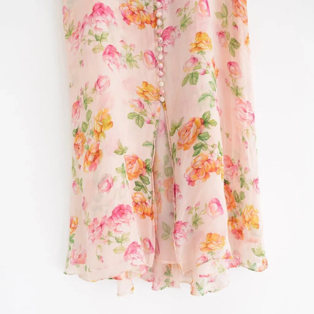 Kooples Antique Pink Floral 100% Silk Puff Sleeve Button Down Slip Midi Dress - Picture 4 of 14